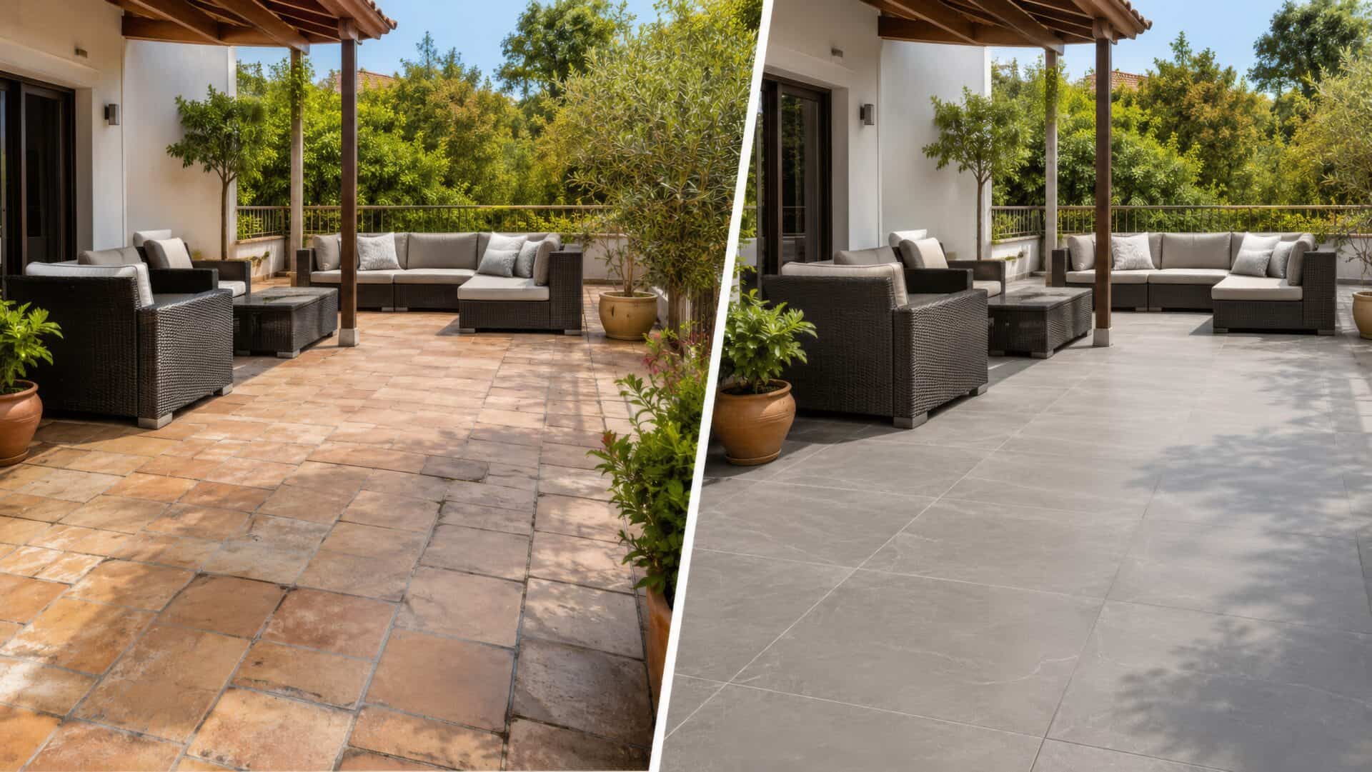 Modern porcelain patio in Rugby garden